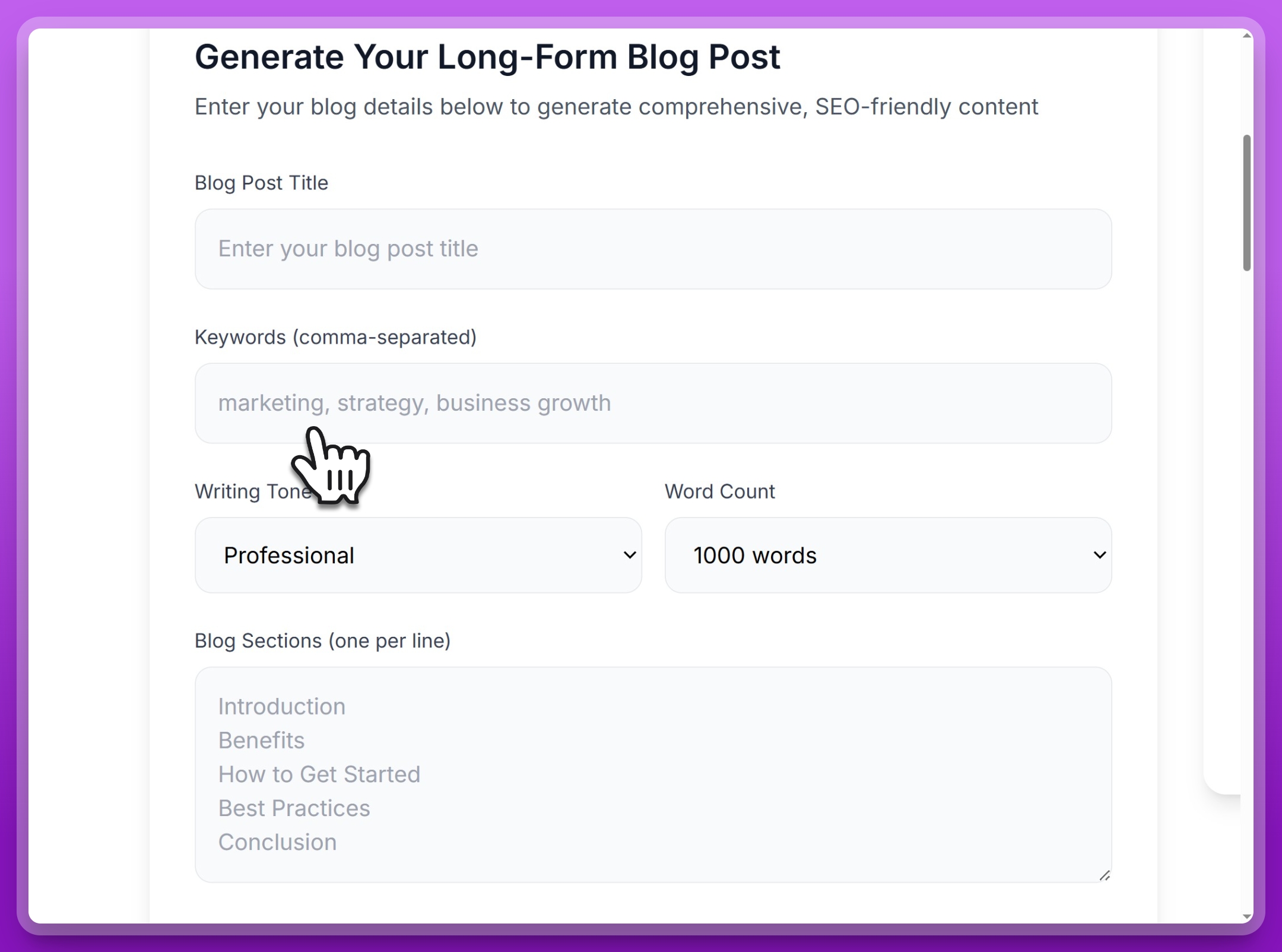 Step 1: Enter blog post title and keywords in the AI Long Form Blog Generator interface